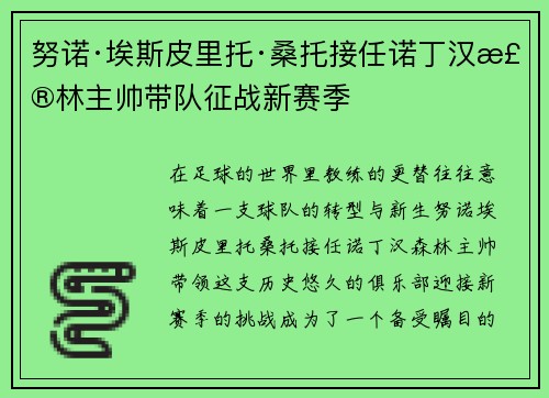 努诺·埃斯皮里托·桑托接任诺丁汉森林主帅带队征战新赛季 努诺·埃斯皮里托·桑托接任诺丁汉森林主帅带队征战新赛季